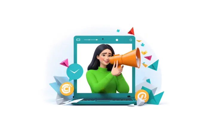 Email Marketing Girl with Megaphone 3D Cartoon Design Character Illustration